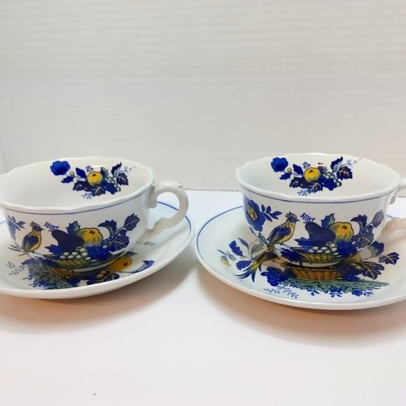 2 Cup Saucers Sets Spode Blue Bird England Yellow S3274 Floral Fruit Copeland - Picture 1 of 7